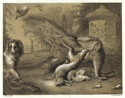 孔雀と犬のいる静物 作： Jan Baptist Weenix